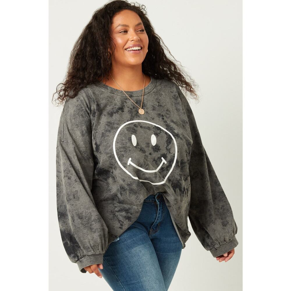 HAYDEN Sunni Plus Smiley Face Black Wash Long Sleeve Thin Sweatshirt 1XL